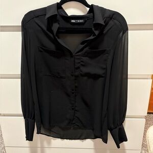 Zara Women's Sheer Black Button Down Shirt